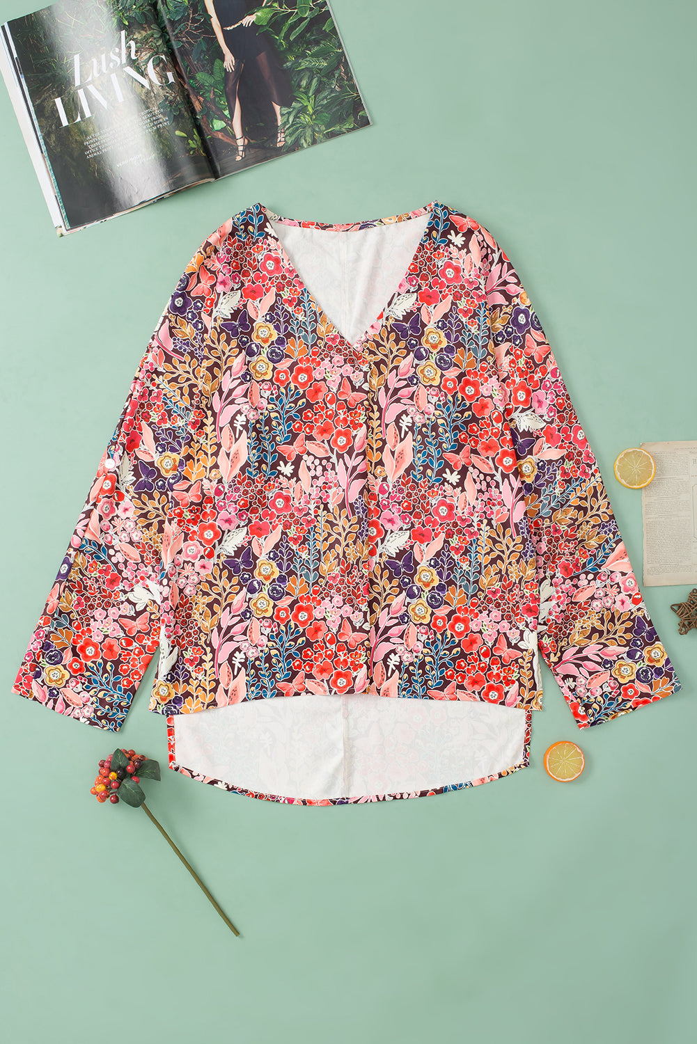 Boho Floral Long Sleeve V-Neck Blouse | Multicolour