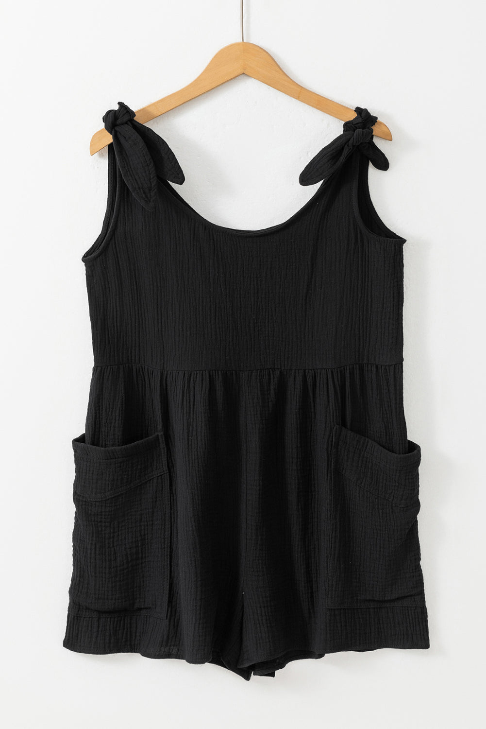 Textured Knotted Straps High Waist Wide Leg Romper | Black