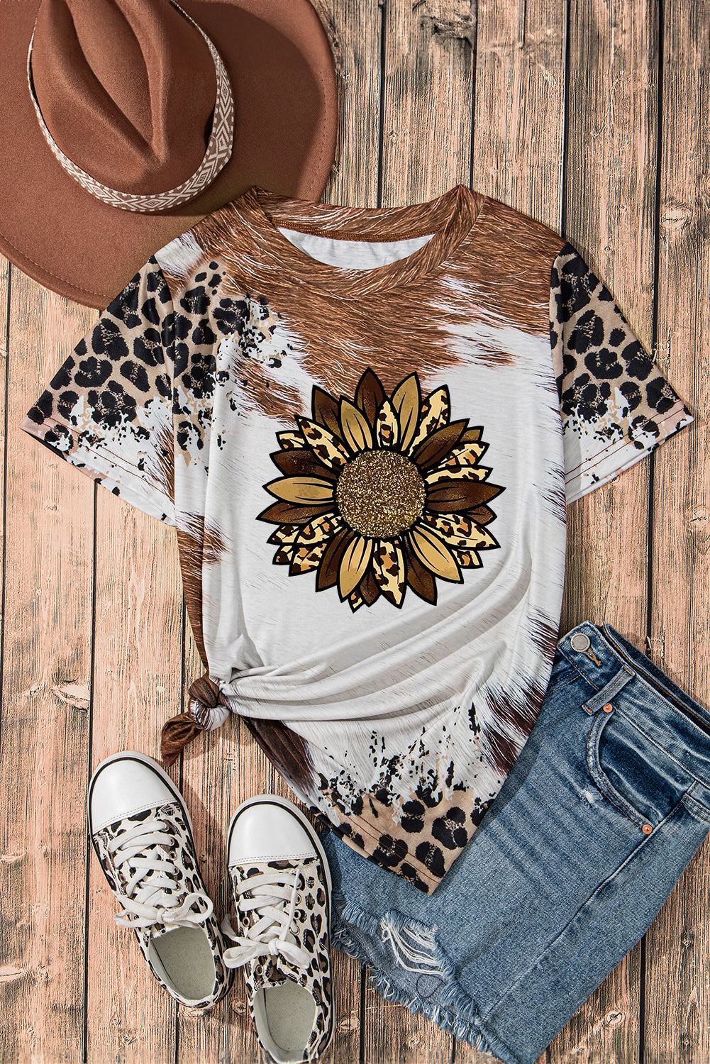 Leopard Bleached Sunflower Graphic Crewneck T Shirt | Chestnut