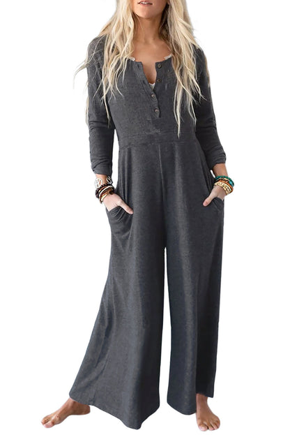 Button Long Sleeve Wide Leg Jumpsuit | Gray