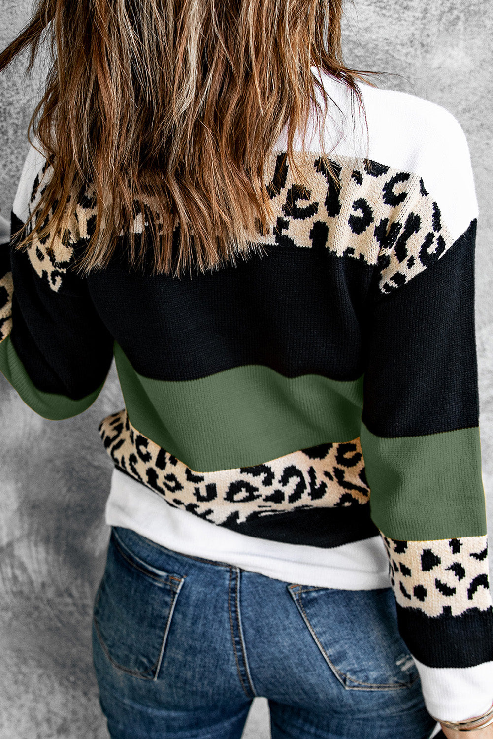 Crewneck Leopard Colour Block Knit Pullover Sweater | Green