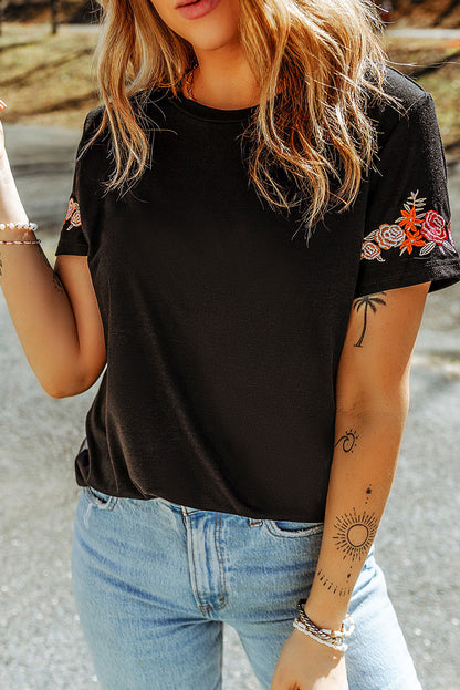 Floral Embroidered Round Neck Short Sleeve T Shirt | Black