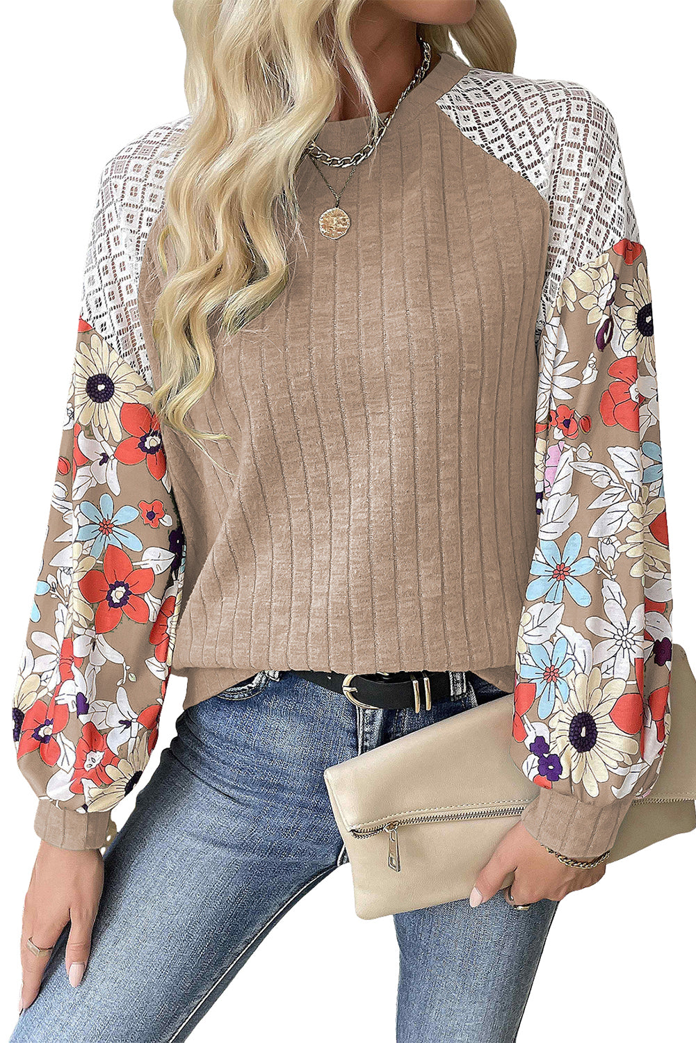 Floral Patchwork Long Sleeve Ribbed Blouse | Parchment