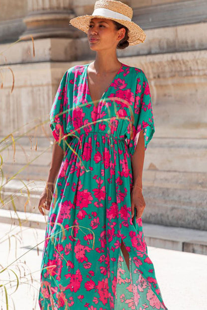 Printed V Neck Short Sleeve Split Flared Maxi Dress | Sea Green