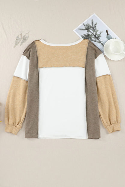 Exposed Seam Colour Block Patchwork Top | Khaki