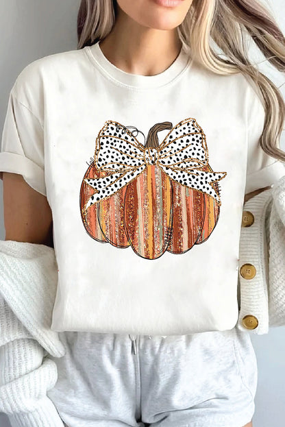 Thanksgiving Bow Knot Pumpkin Print Round Neck T Shirt | White