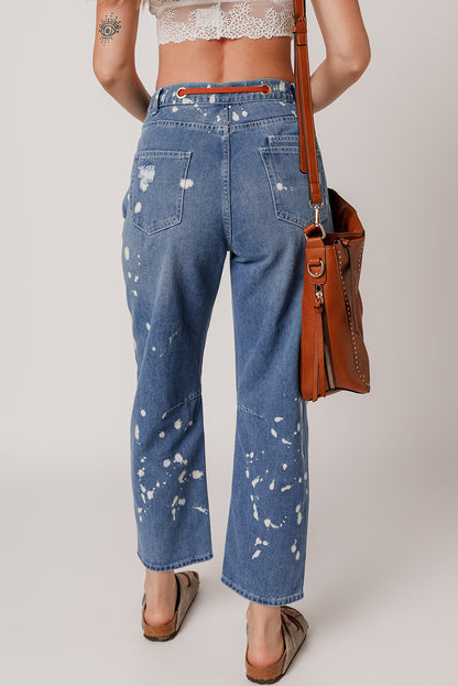 Ripped Splattering Paint Rope Waist Cropped Straight Jeans | Ashleigh Blue