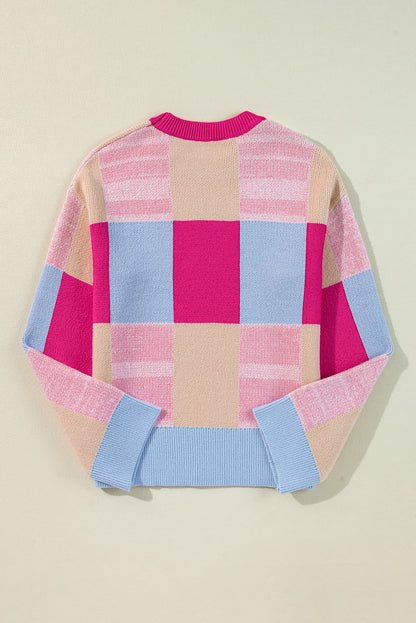 Colour Block Drop Shoulder Crewneck Loose Fit Sweater | Rose Red