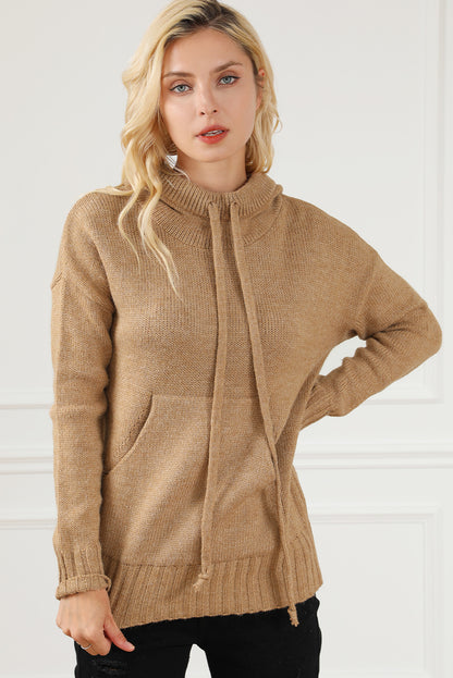 Cowl Neck Drawstring Pullover Hooded Sweater | Brown