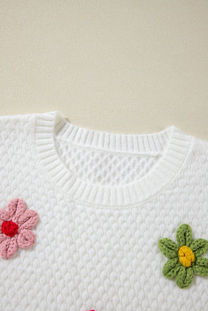 Colourful Flower Applique Textured Knit Sweater | White