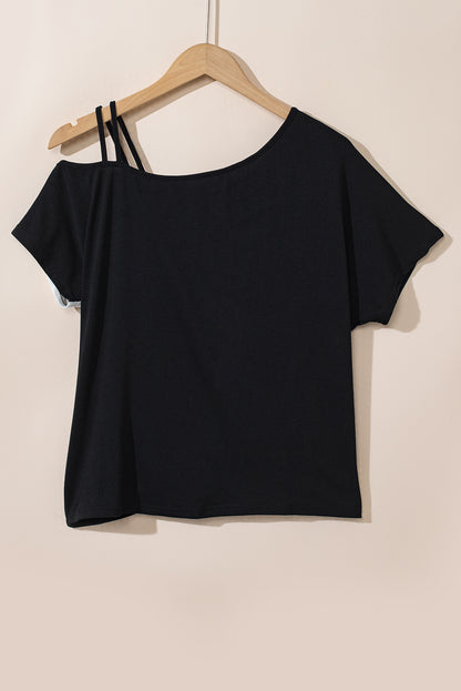 Asymmetric Colourblock Strappy Cold Shoulder Twist Hem Top | Black