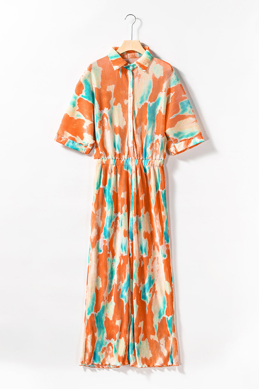 Bohemian Tie Dye Pleated Shirt Collar Loose Jumpsuit | Multicolour