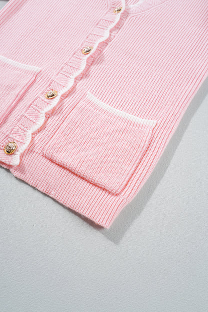 Ribbed Knit Scalloped Edge Side Pockets Buttoned Cardigan | Pink