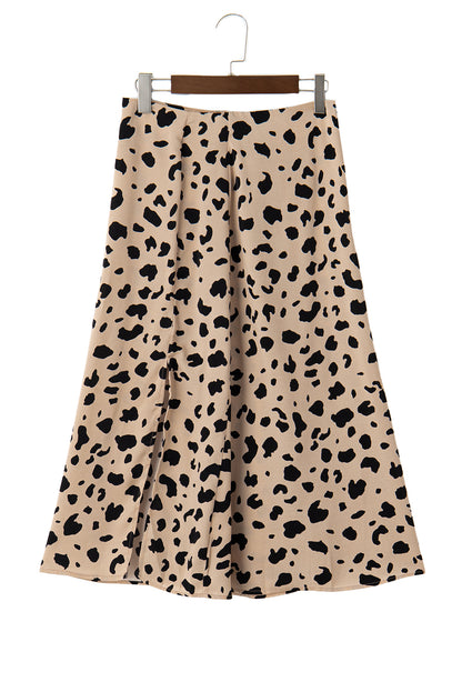 Leopard Spots Printed Split Hem Midi Skirt | Khaki