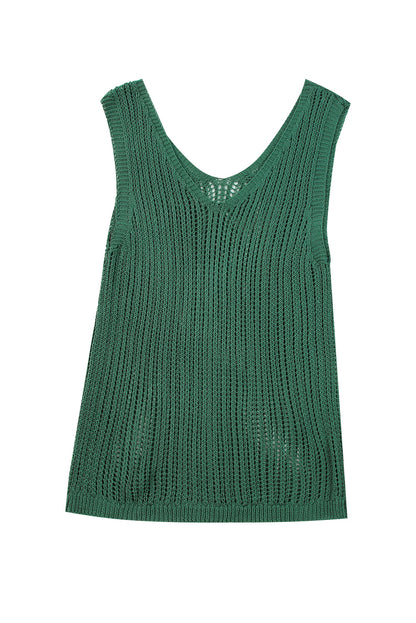 Hollowed Knit V Neck Tank Top | Green