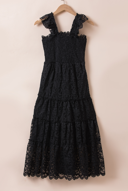 Lace Smocked Bodice Sleeveless Midi Dress | Black