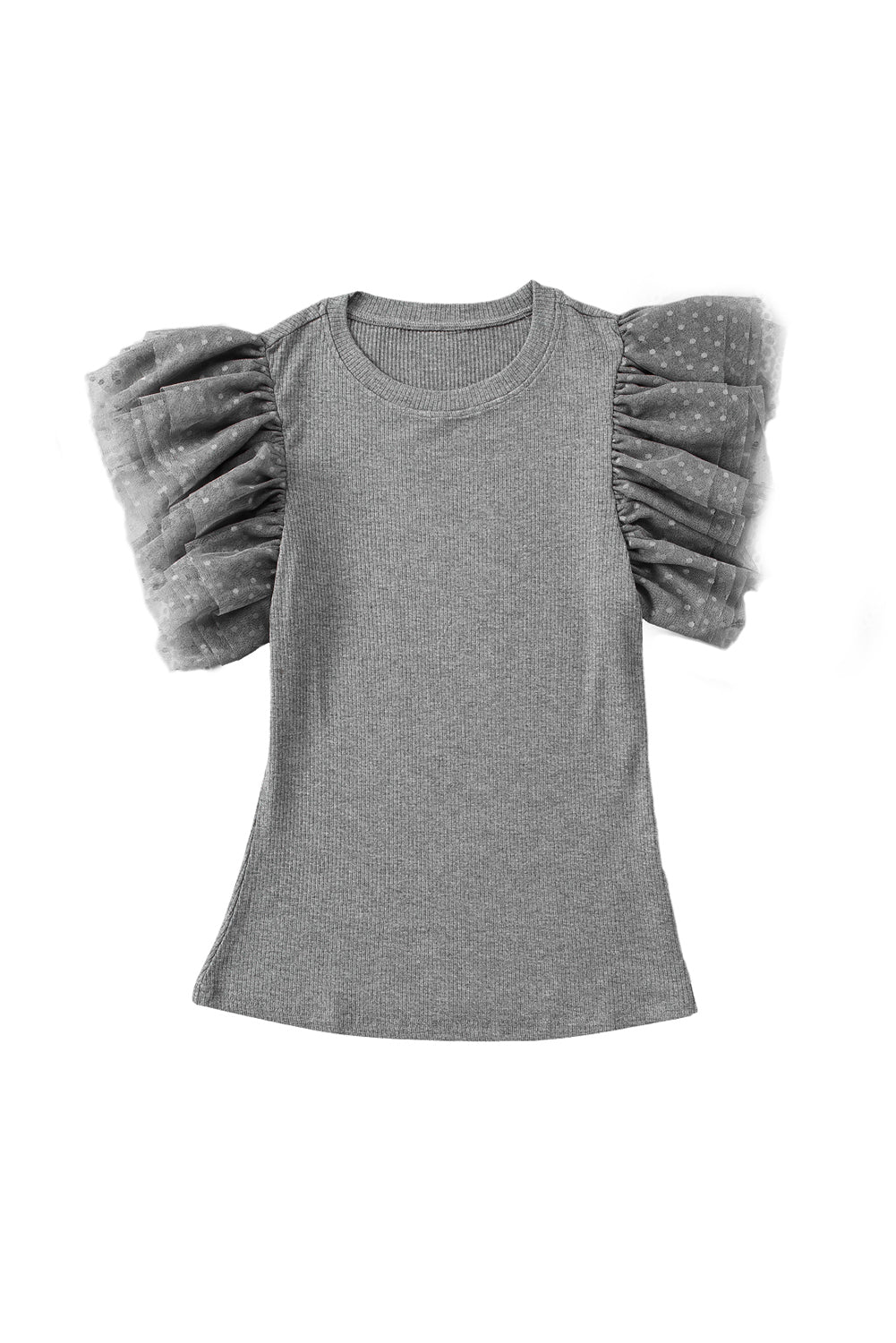 Dotty Mesh Ruffle Sleeve Ribbed Knit Top | Gray