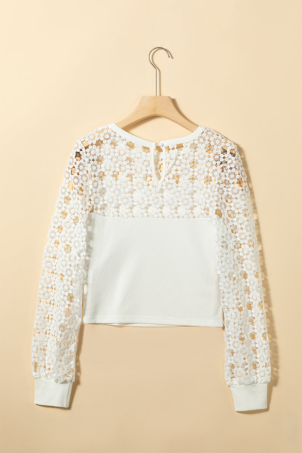 Hollowed Floral Lace Splicing Long Sleeve Top | White