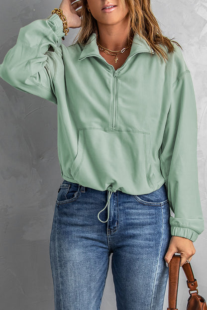 Zip Front Pocketed Pullover Sweatshirt | Green