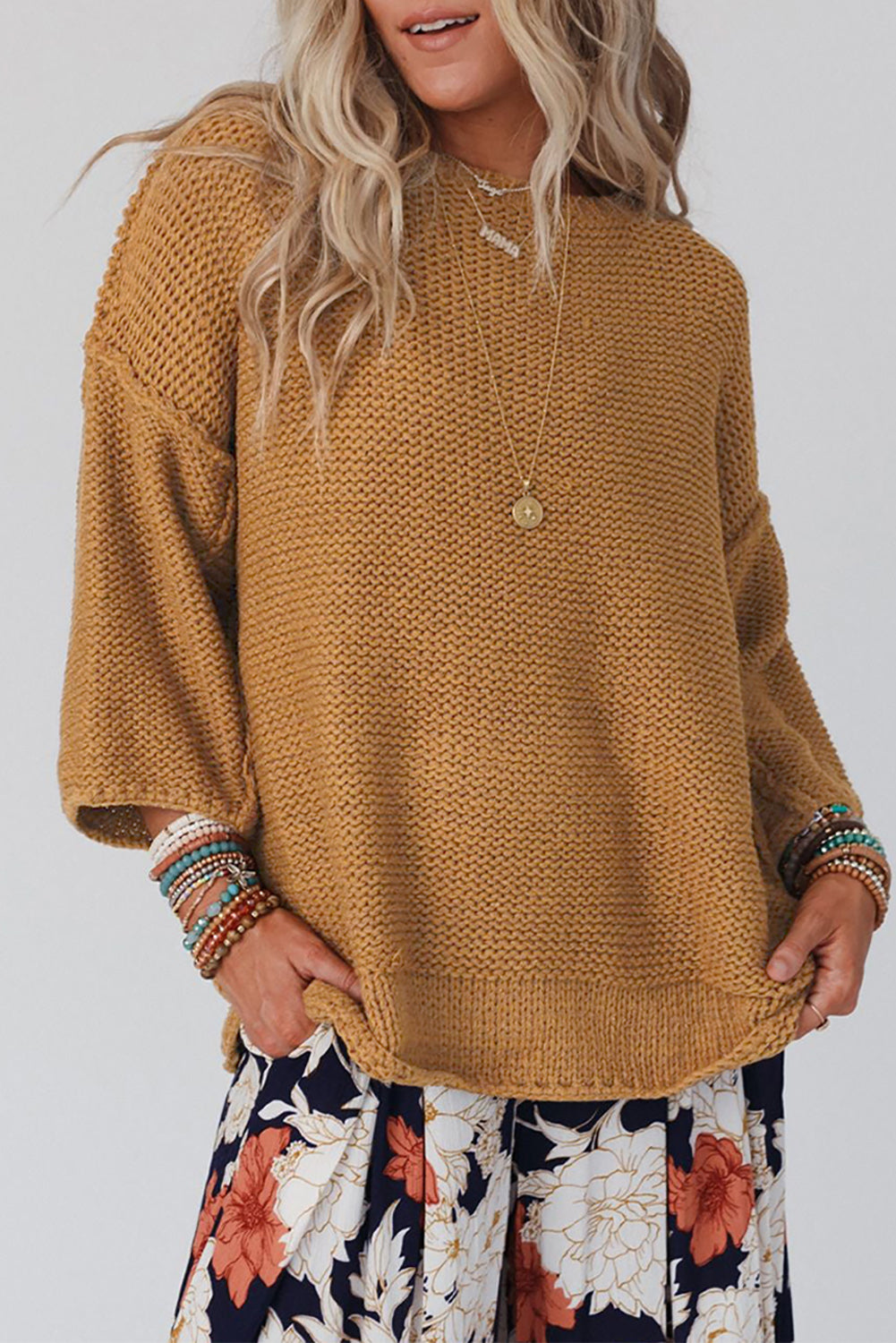 Slouchy Textured Knit Loose Sweater | Brown