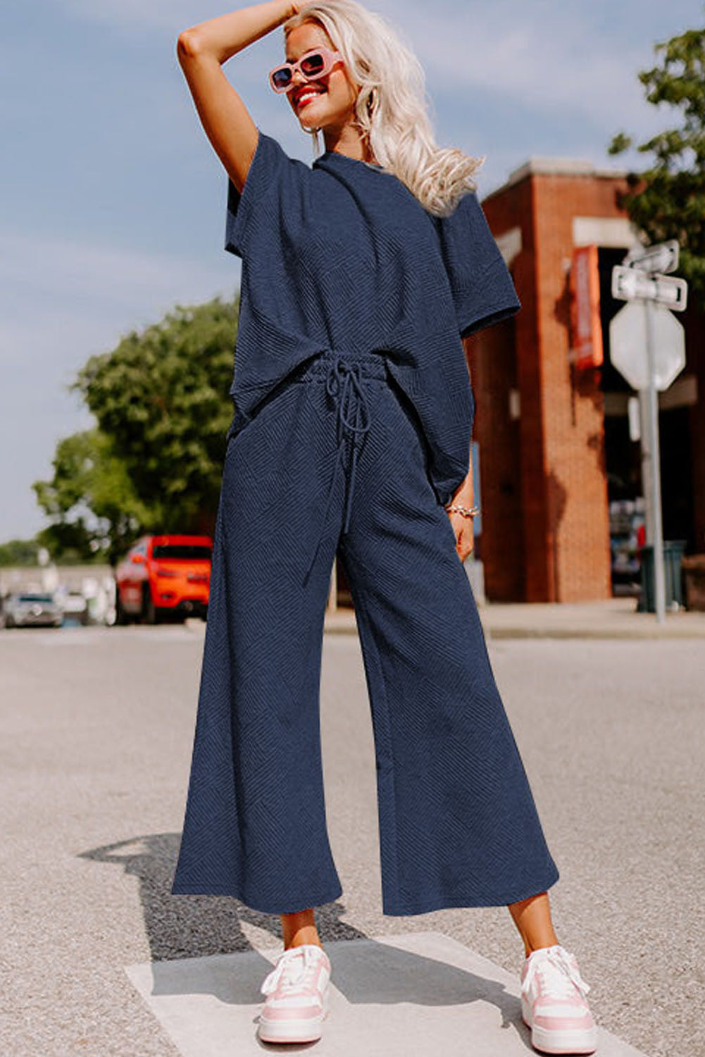 Textured Loose Fit T Shirt And Drawstring Pants Set | Navy Blue