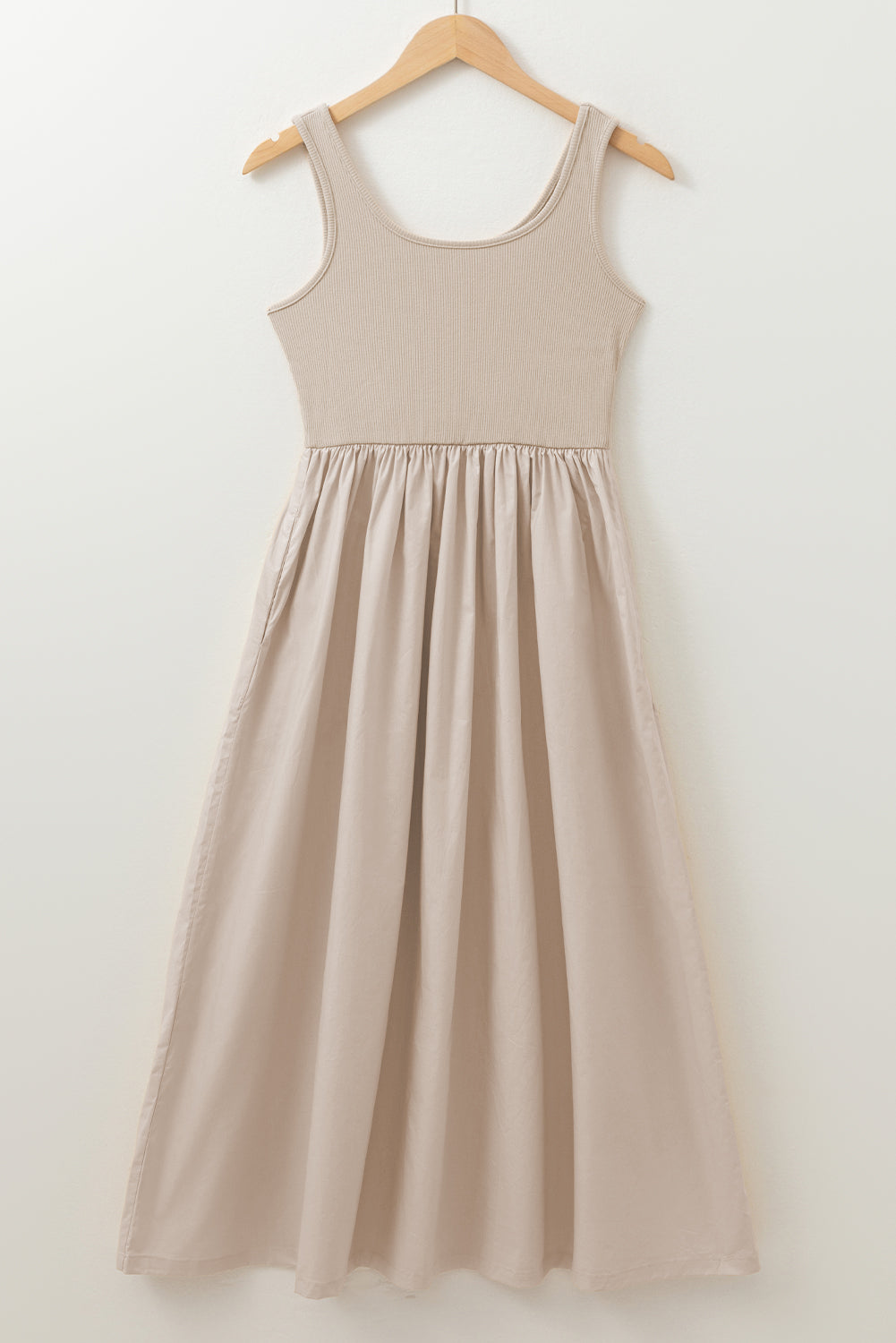 Scoop Neck Ribbed Bodice Pleated Sleeveless Long Dress | Beige