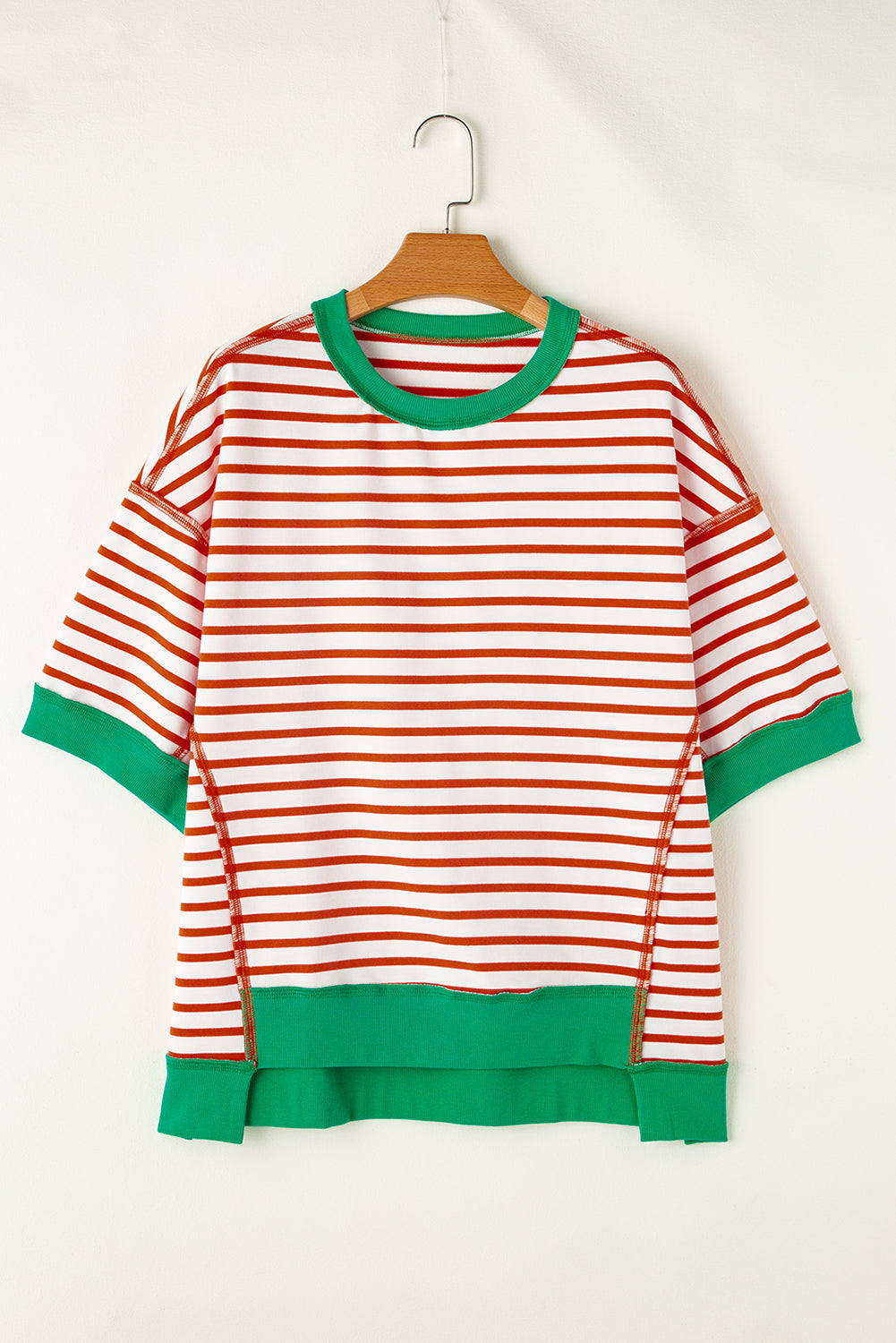 Oversized Contrast Trim Exposed Seam High Low T Shirt | Orange Stripe