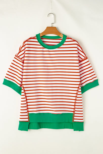 Oversized Contrast Trim Exposed Seam High Low T Shirt | Orange Stripe