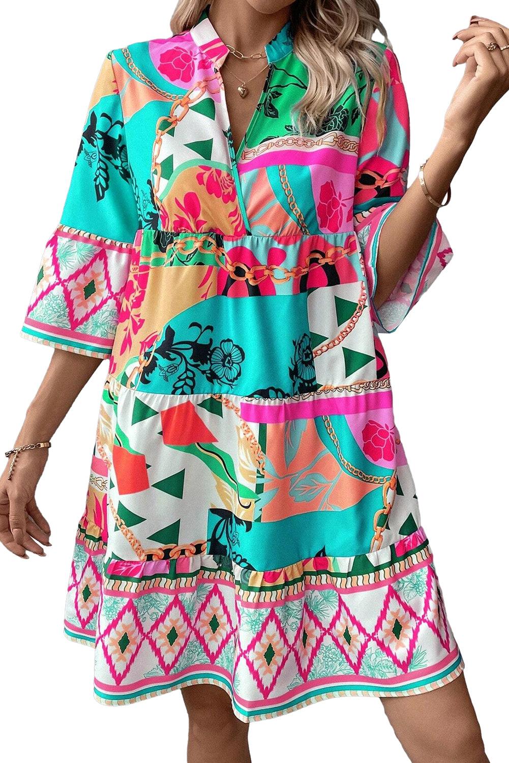 Abstract Printed Half Sleeve Notched Neck Mini Dress | Multicolour