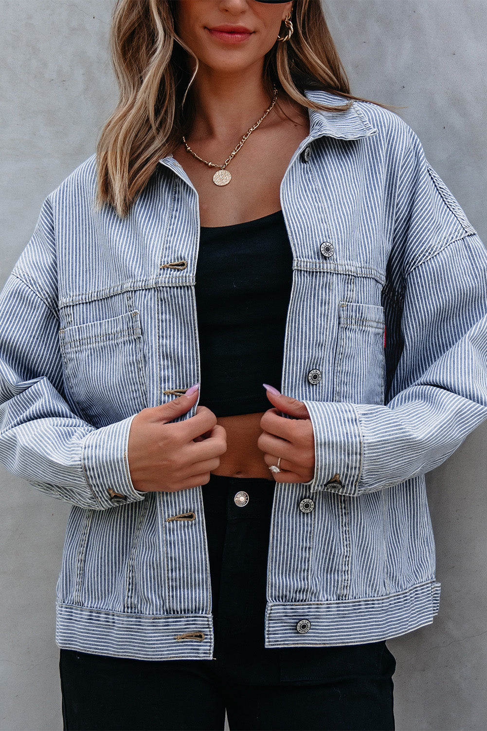 Washed Oversize Pocketed Denim Jacket | Sky Blue Stripe