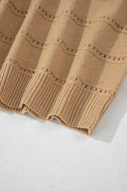 Boat Neck Drop Shoulder Pointelle Knit Sweater | Pale Khaki