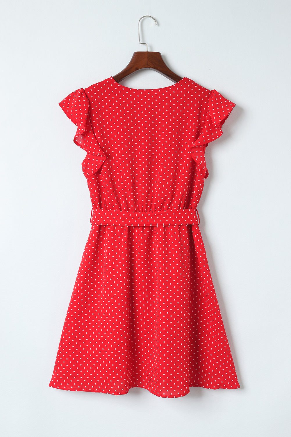 Fiery  Polka Dot V Neck Ruffle Sleeve Dress | Red