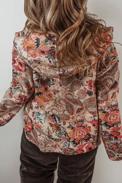 Vintage Paisley Floral Printed Sherpa Lined Hooded Jacket | Beige