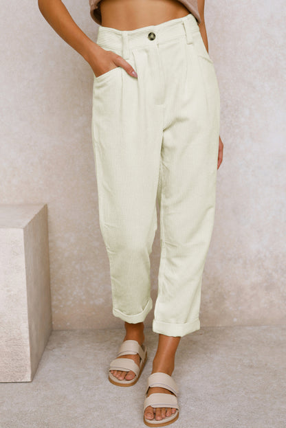 Corduroy High Waist Straight Leg Pants | Beige