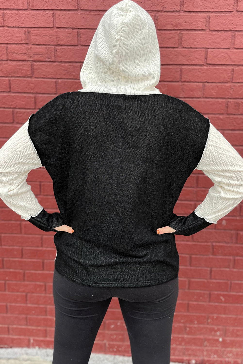 Colour Block Textured Buttoned Kangaroo Pocket Hoodie | Black