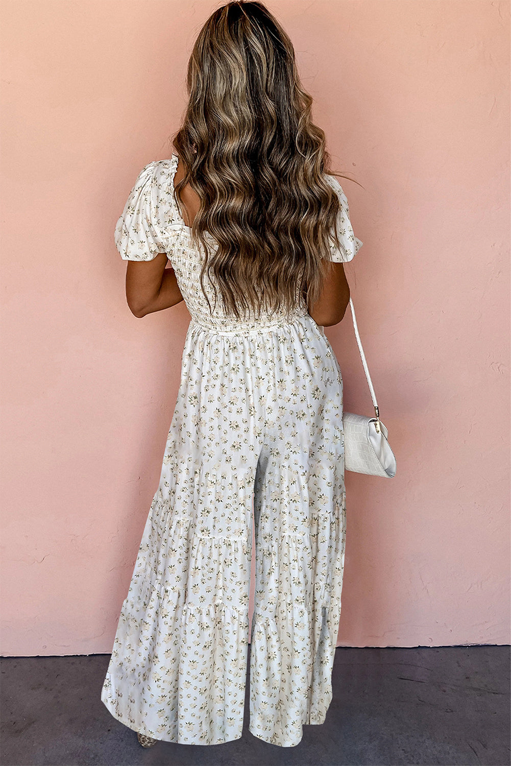 Boho Floral Smocked Wide Leg Short Puff Sleeve Jumpsuit | White