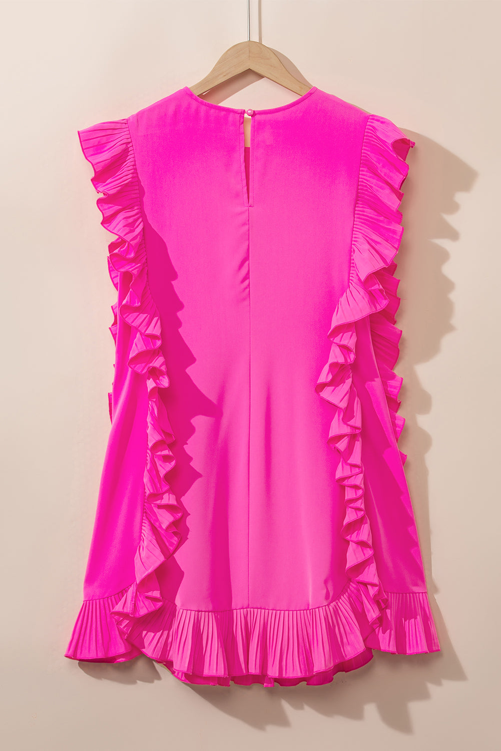 Solid Ruffled Edge Keyhole Back Mini Dress | Bright Pink