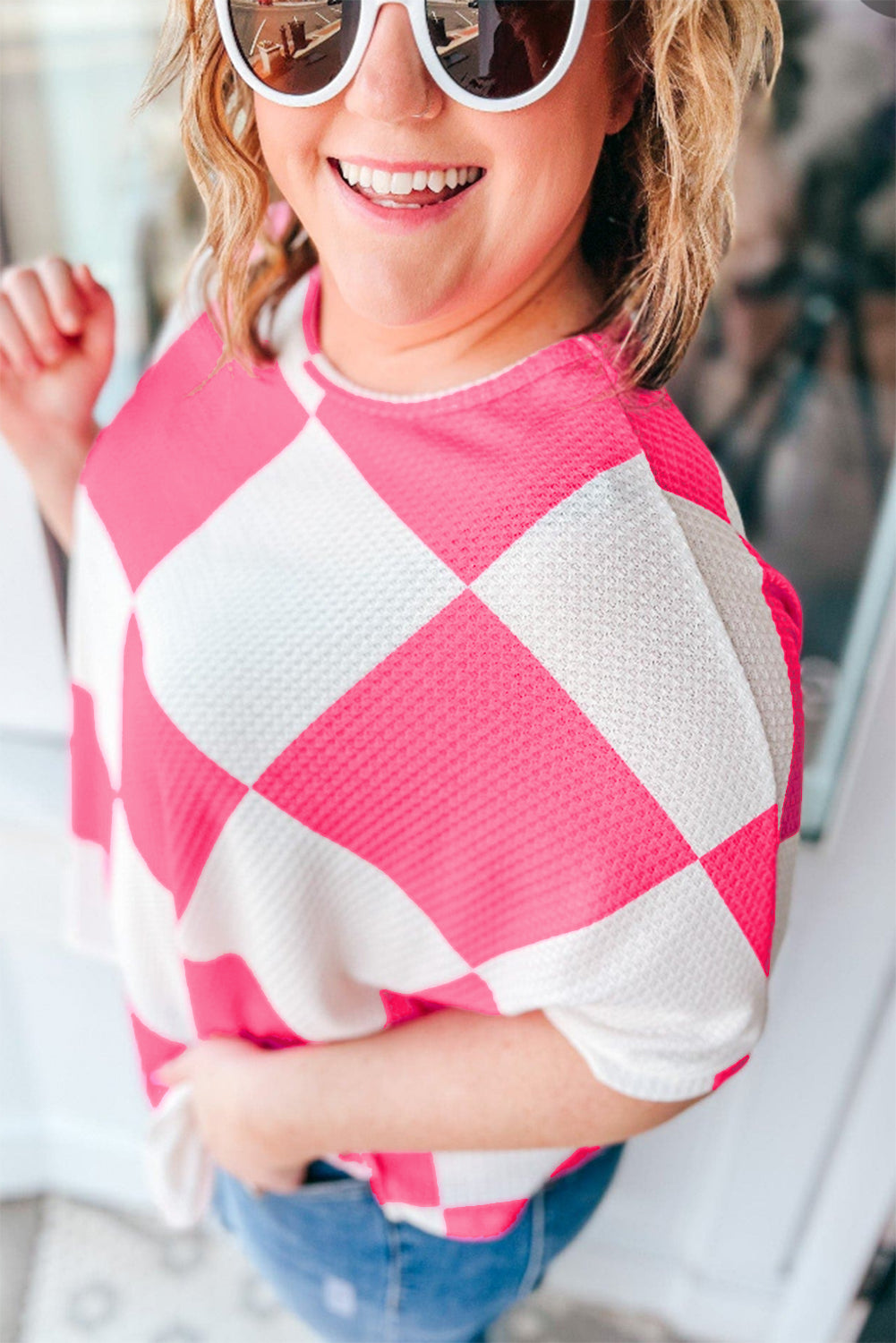 Textured Checkerboard Round Neck Plus Size T Shirt | White