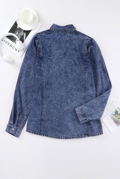 Puff Sleeve Button-Up Denim Jacket | Blue