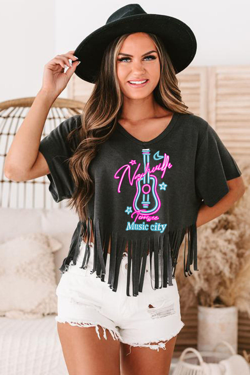 Nashville Forever V Neck Fringed Graphic Tee | Black