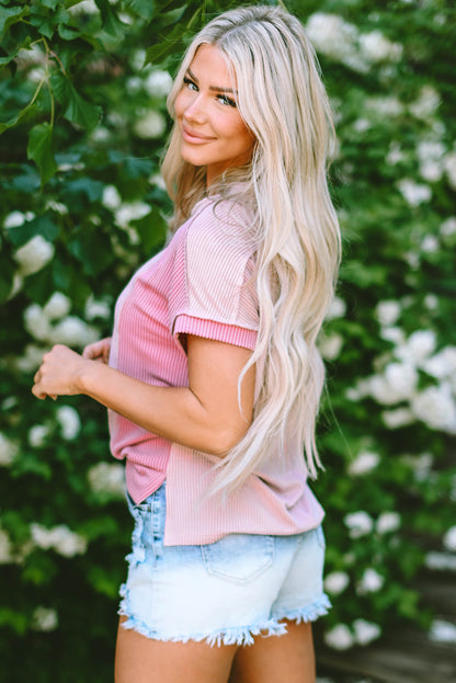 Textured Colourblock Crew Neck T Shirt | Pink