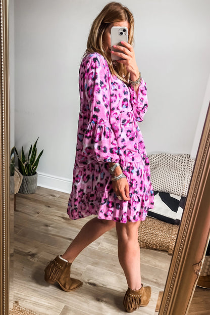 Leopard Print Buttoned Front 3/4 Sleeve Tiered Ruffled Hem Dress | Rose