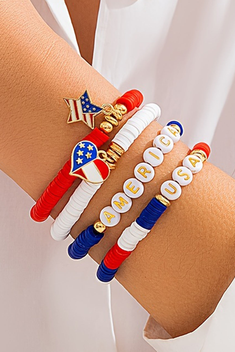 American Flag Pendant Letter Beaded Bracelet Set | Dark Blue