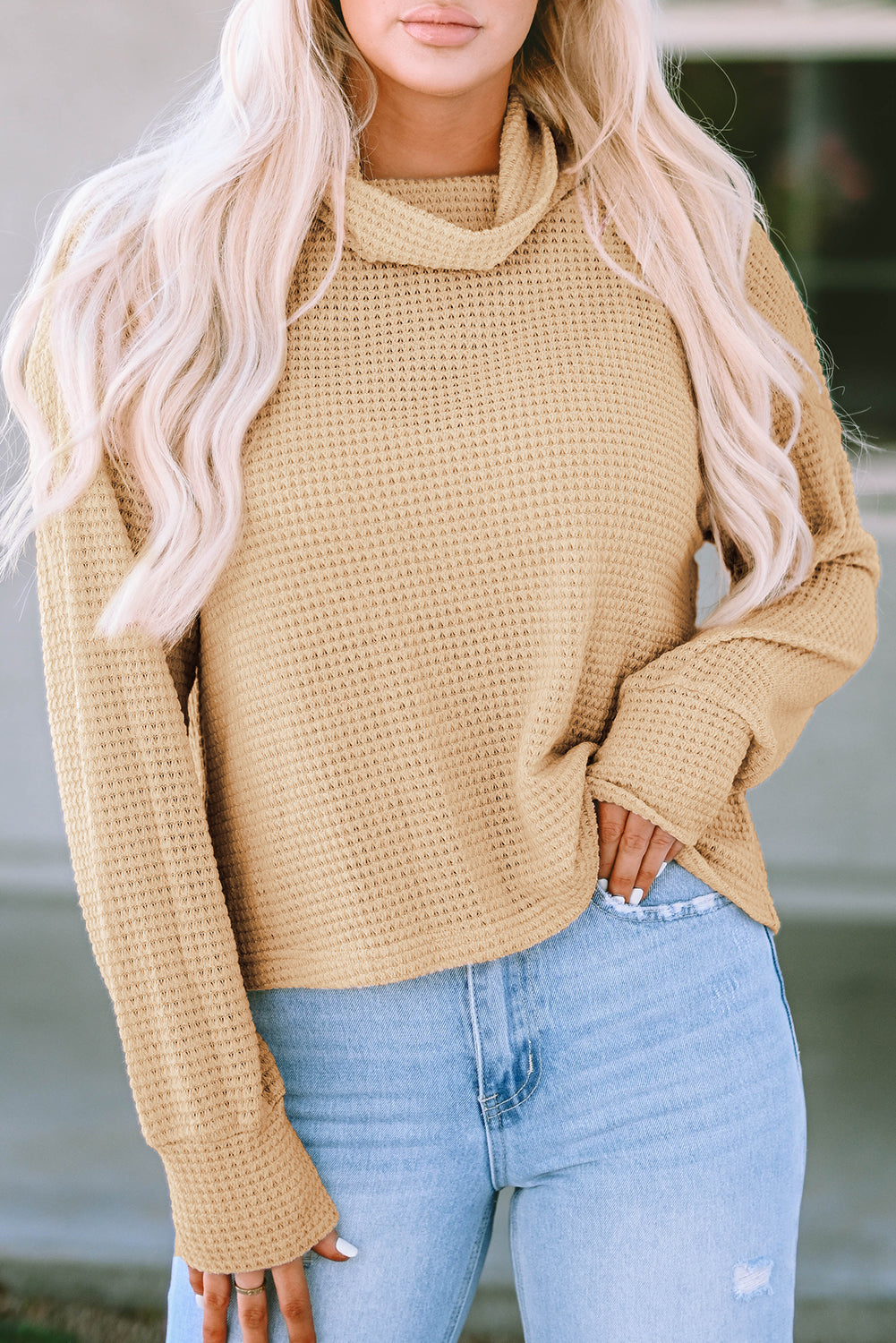 Solid Waffle Knit Turtleneck Long Sleeve Top | Apricot