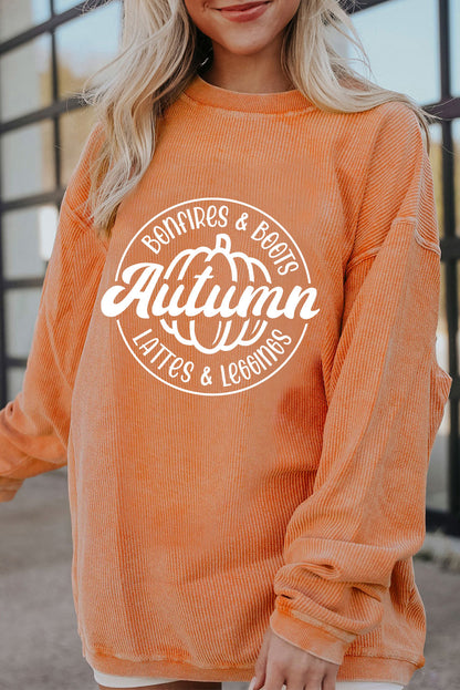 Autumn Pumpkin Graphic Print Corded Oversized Sweatshirt | Orange