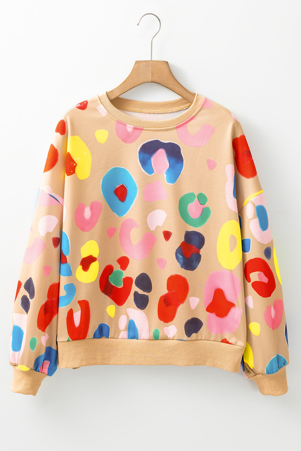 Multicolour Leopard Printed Drop Shoulder Pullover Sweatshirt | Khaki