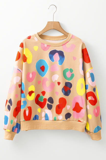 Multicolour Leopard Printed Drop Shoulder Pullover Sweatshirt | Khaki