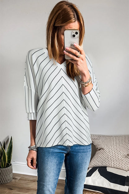 Chevron Striped V Neck Long Sleeve Casual Top | Black Stripe