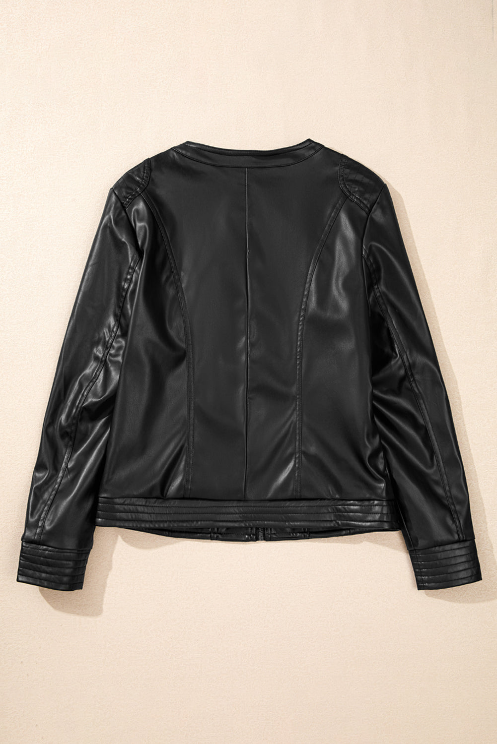 Solid Faux Leather Zipper Slim Fit Bomber Jacket | Black