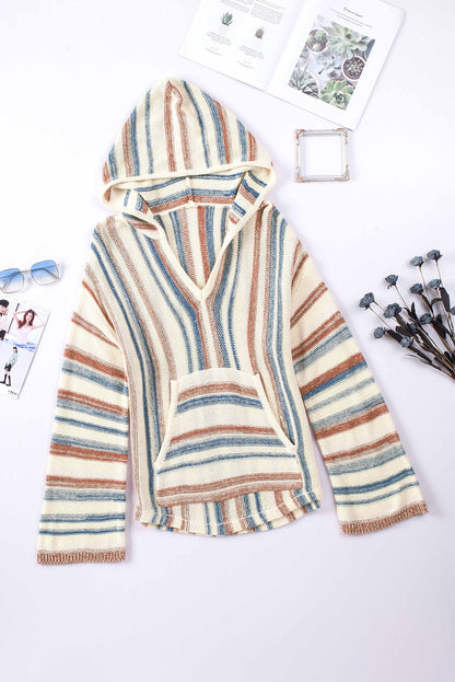 Striped Knit Kangaroo Pocket Hooded Sweater | Multicolour